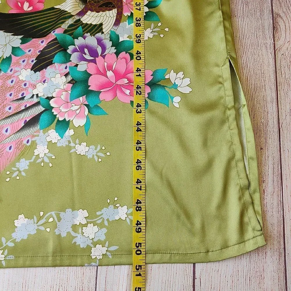 Applesauce green satin peacock floral kimono robe